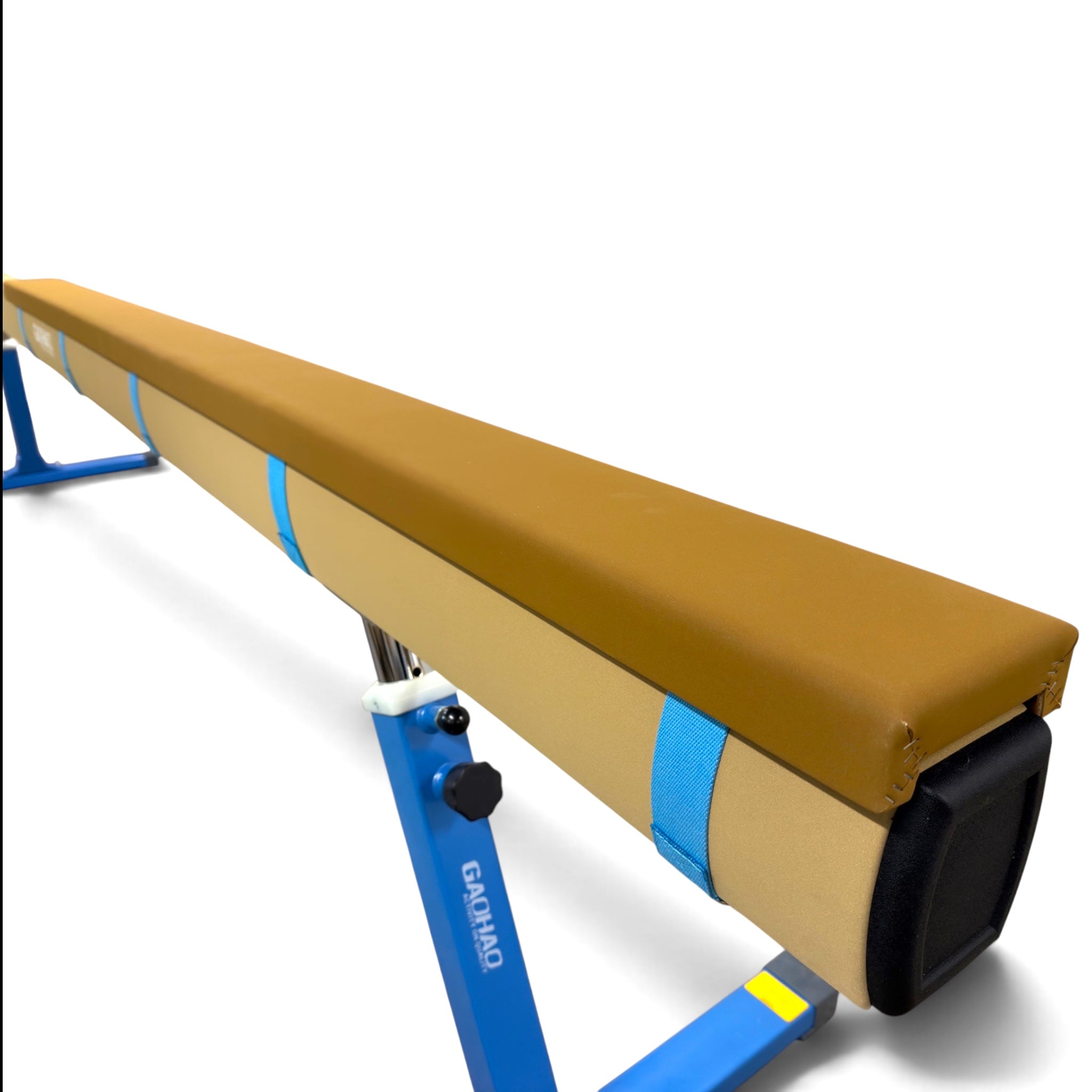 UK Gym Pits Gaofei 3m beam enlarger in tan and brown, securely attached to a blue gymnastics balance beam.