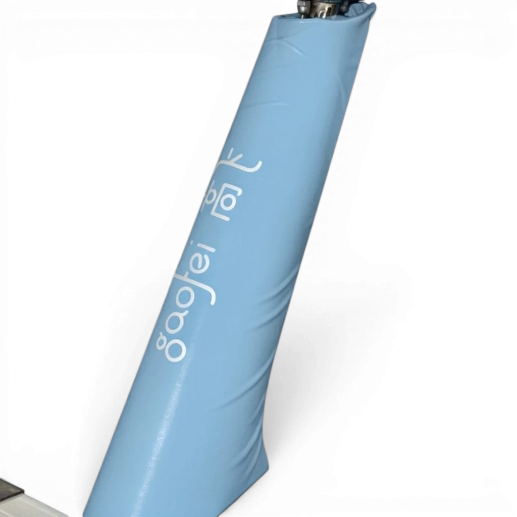 UK Gym Pits Gaofei light blue PVC vinyl safety padding wrapped around a gymnastics beam leg with Velcro closure.