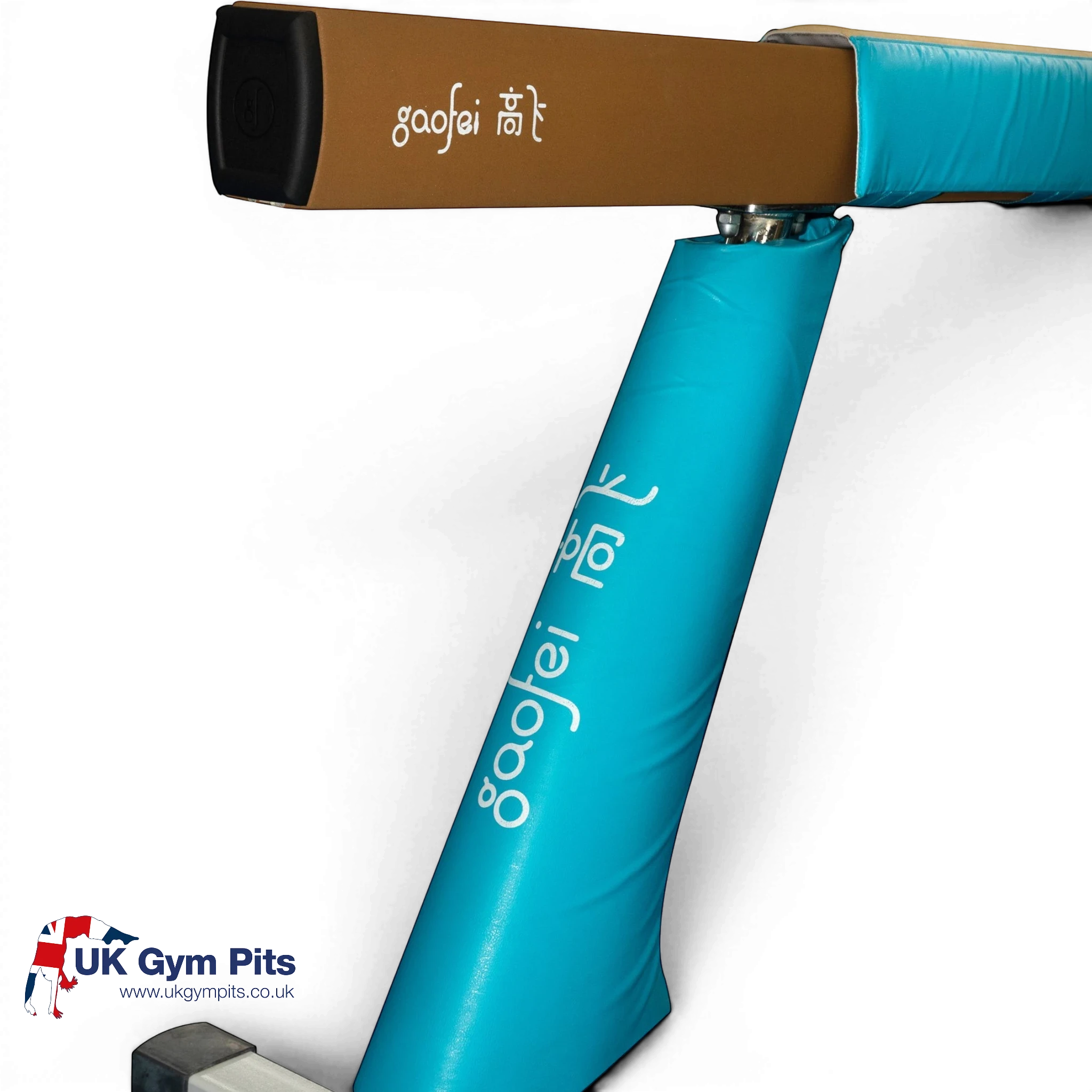 UK Gym Pits Gaofei blue PVC vinyl safety padding fitted around a gymnastics beam leg with Velcro closure
