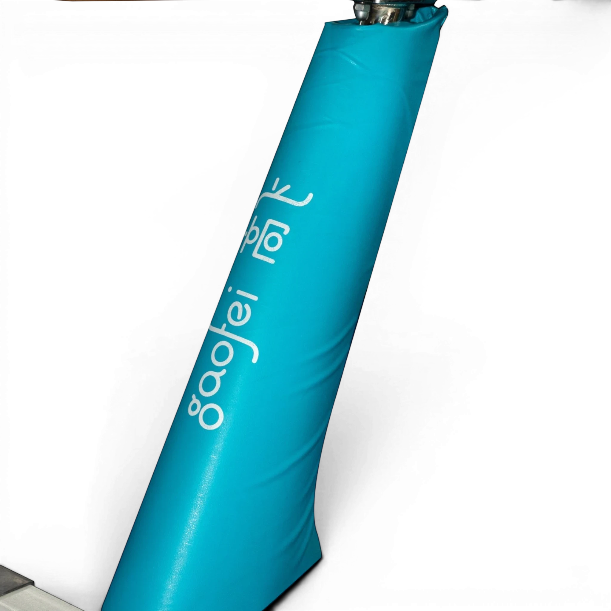 UK Gym Pits Gaofei blue PVC vinyl safety padding wrapped around a gymnastics beam leg with Velcro closure
