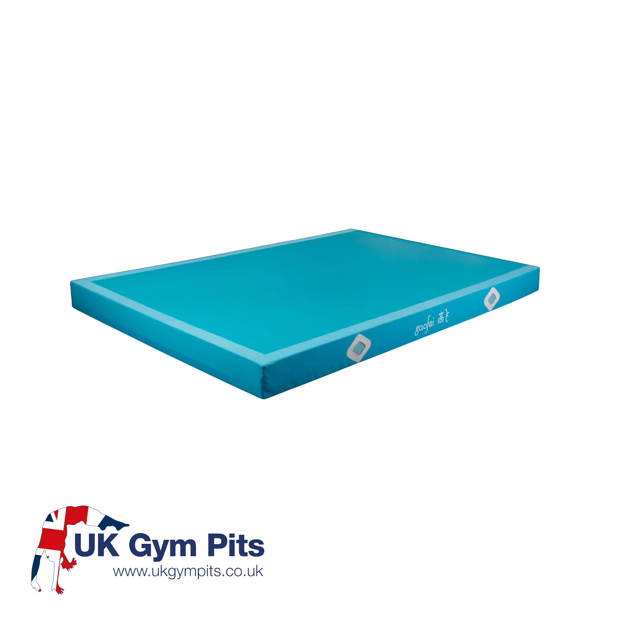 UK Gym Pits Gaofei blue FIG approved gymnastics landing mat with air distribution mesh windows on a black background