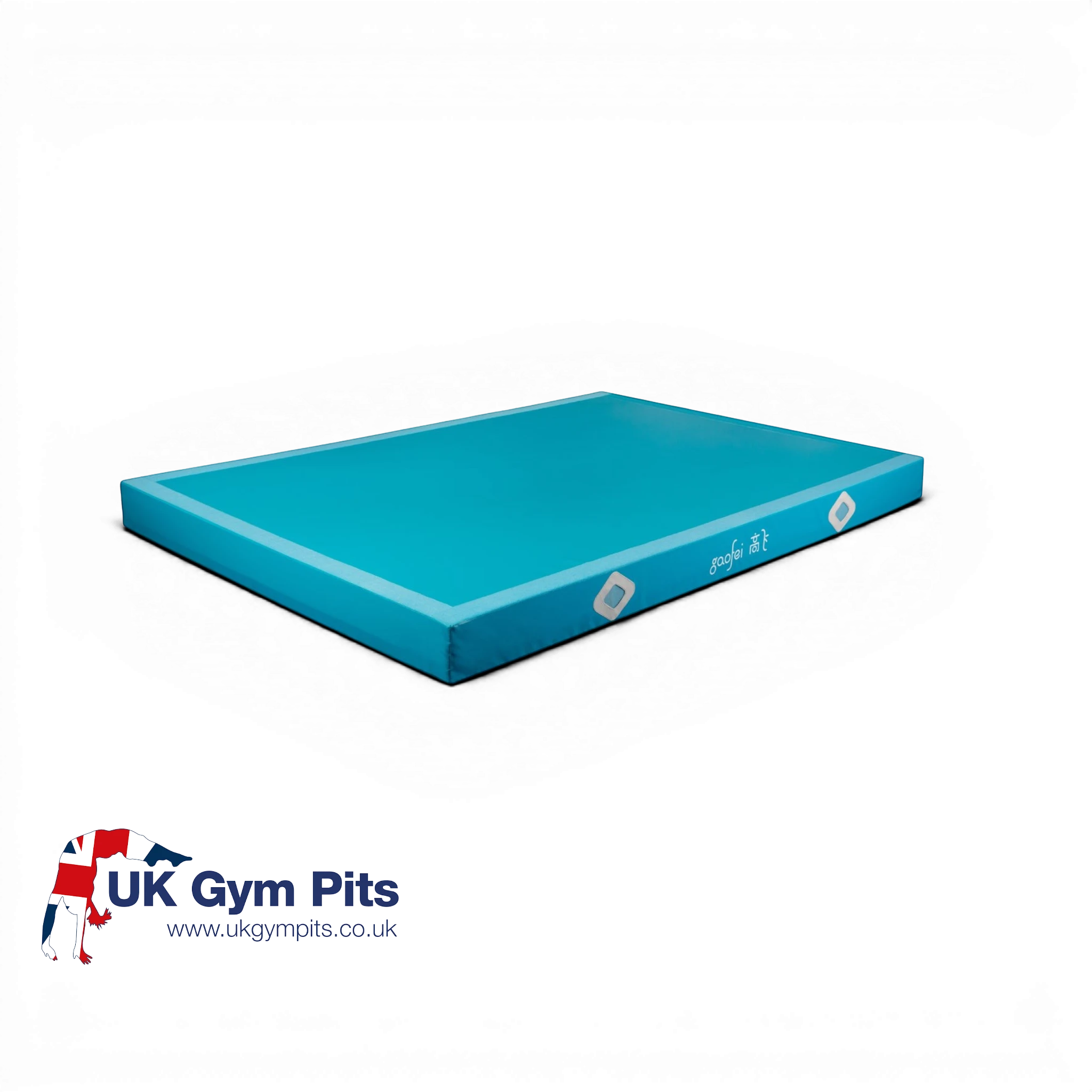UK Gym Pits Gaofei blue asymmetric bars landing mat with durable PVC vinyl cover and air distribution mesh windows.