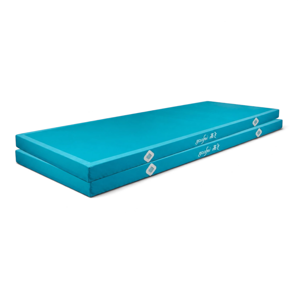 UK Gym Pits Gaofei FIG approved blue pommel horse landing mats with air distribution mesh windows.