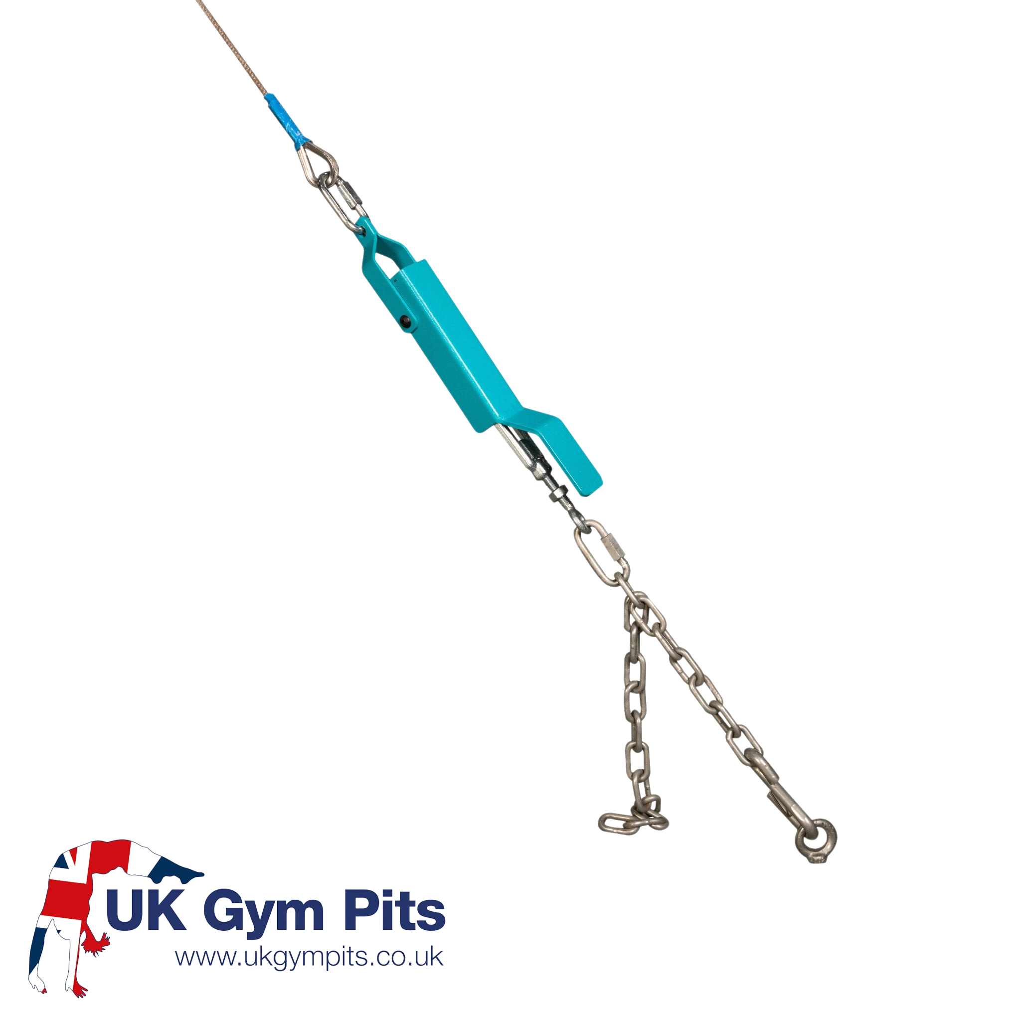 UK Gym Pits Gaofei cable quick tension release system with blue metal handle and steel chain for gymnastics equipment.