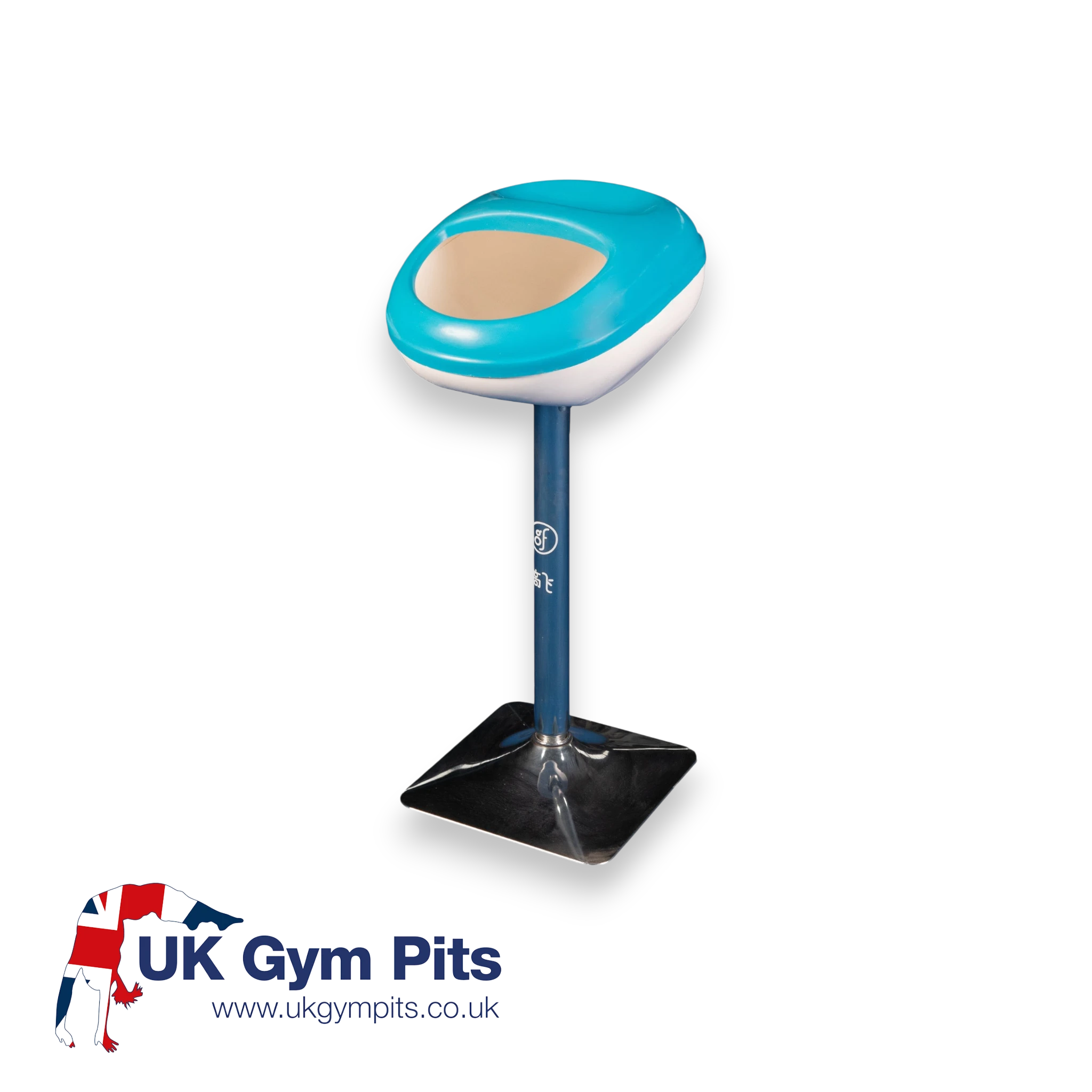 UK Gym Pits Gaofei chalk bowl with a blue and white semi-circular basin on a sturdy metal stand for gymnastics.