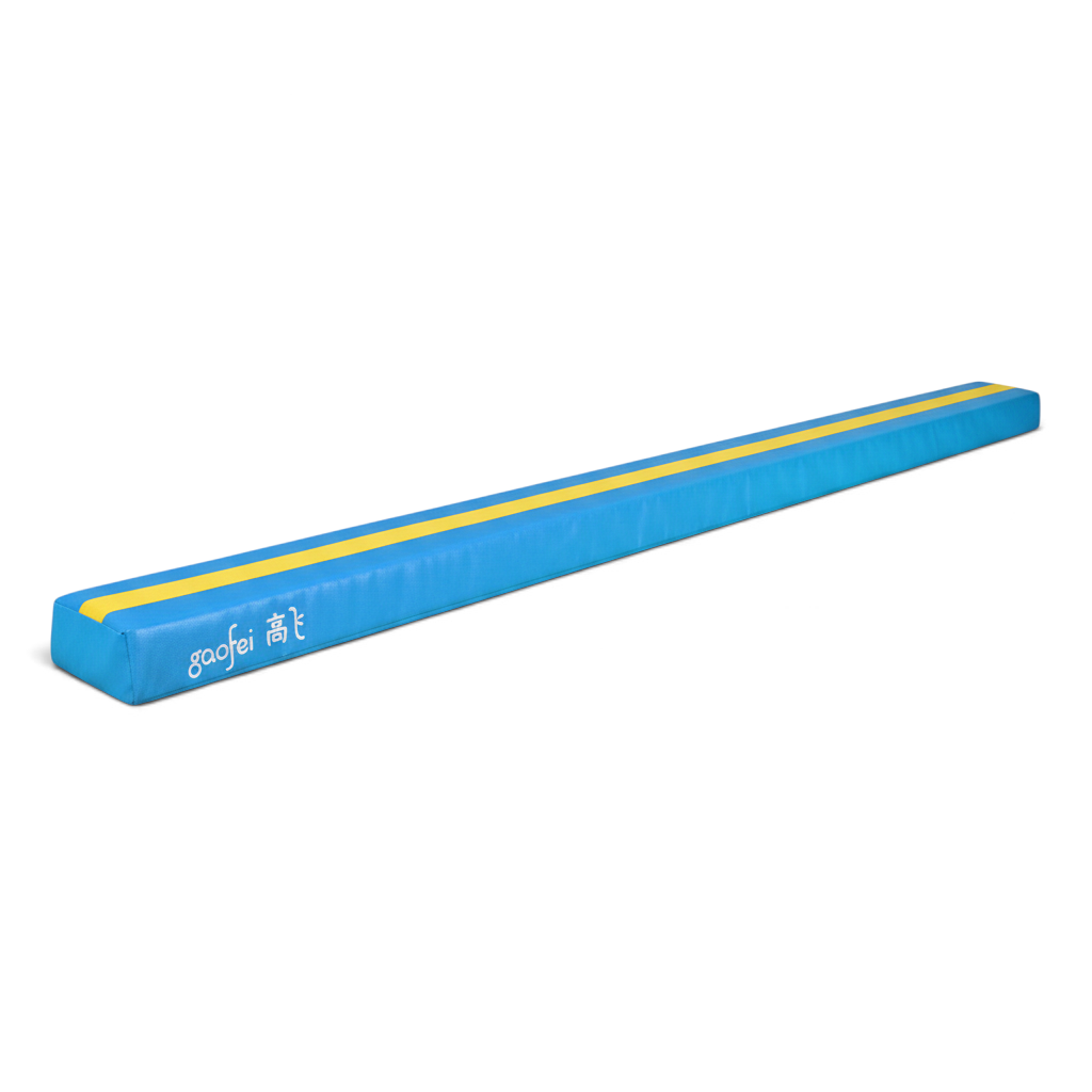 UK Gym Pits Gaofei 2.5m blue foam gymnastics training beam with a yellow non-slip center line on a white background
