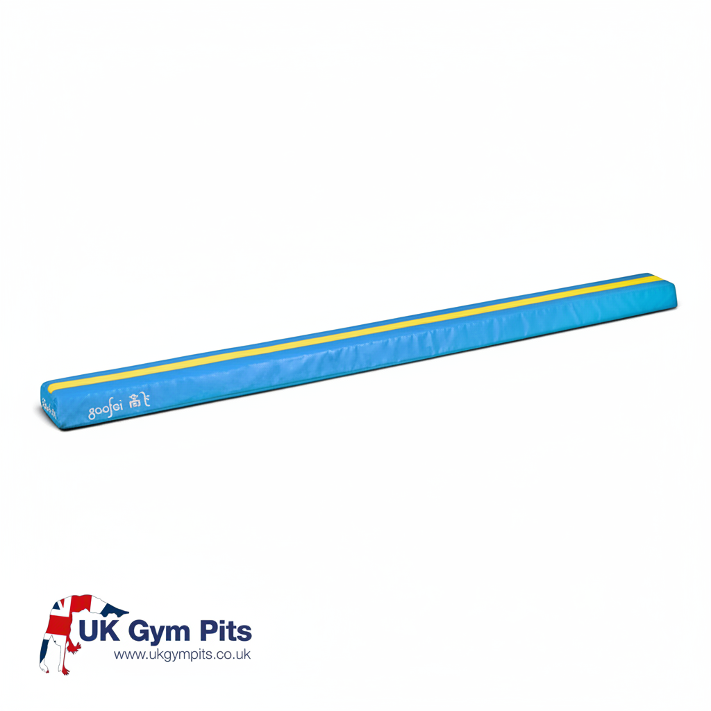UK Gym Pits Gaofei 2.5m blue foam gymnastics training beam with a yellow non-slip center line on a white background