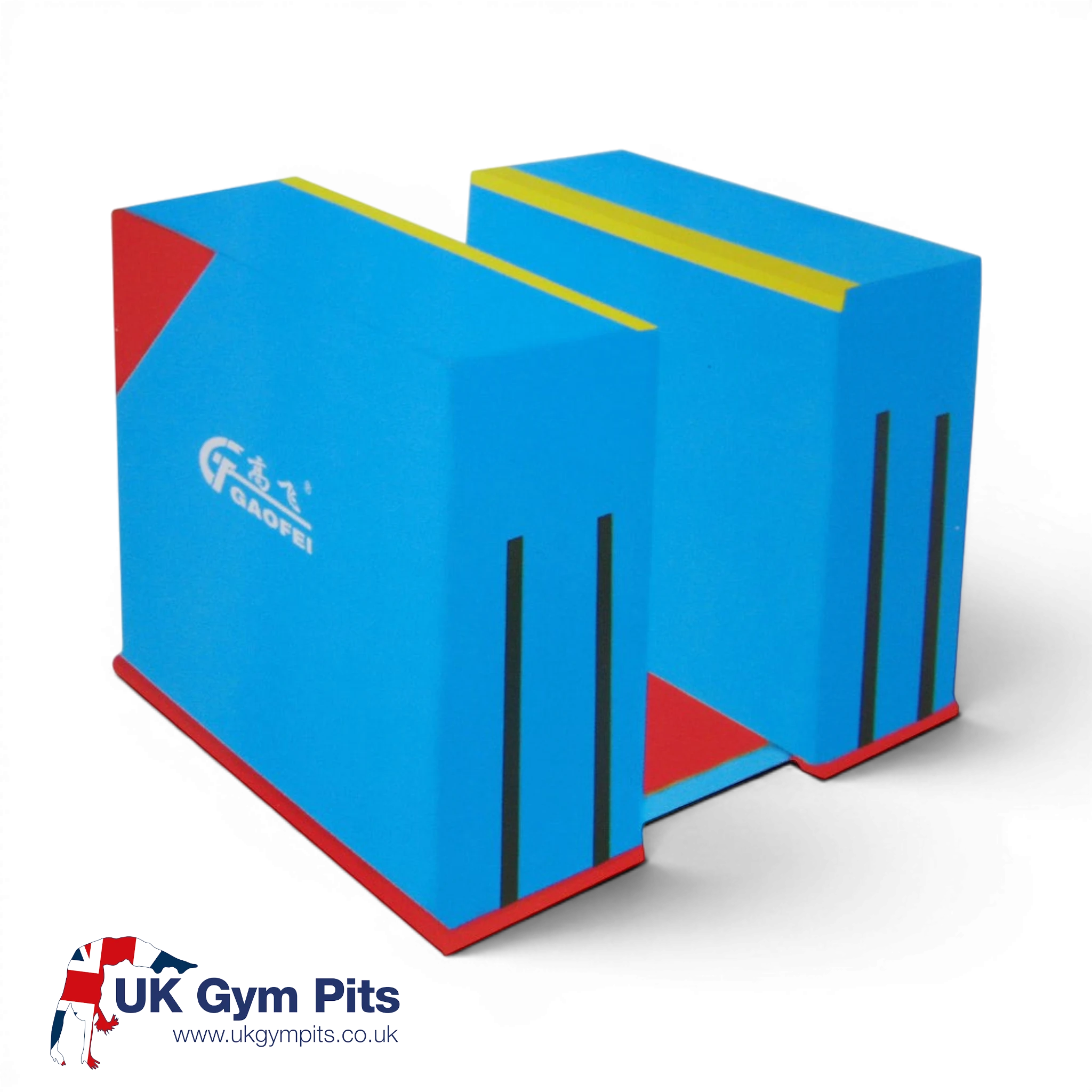 UK Gym Pits Gaofei blue foam parallel bars training blocks with red and yellow accents for safe gymnastics practice