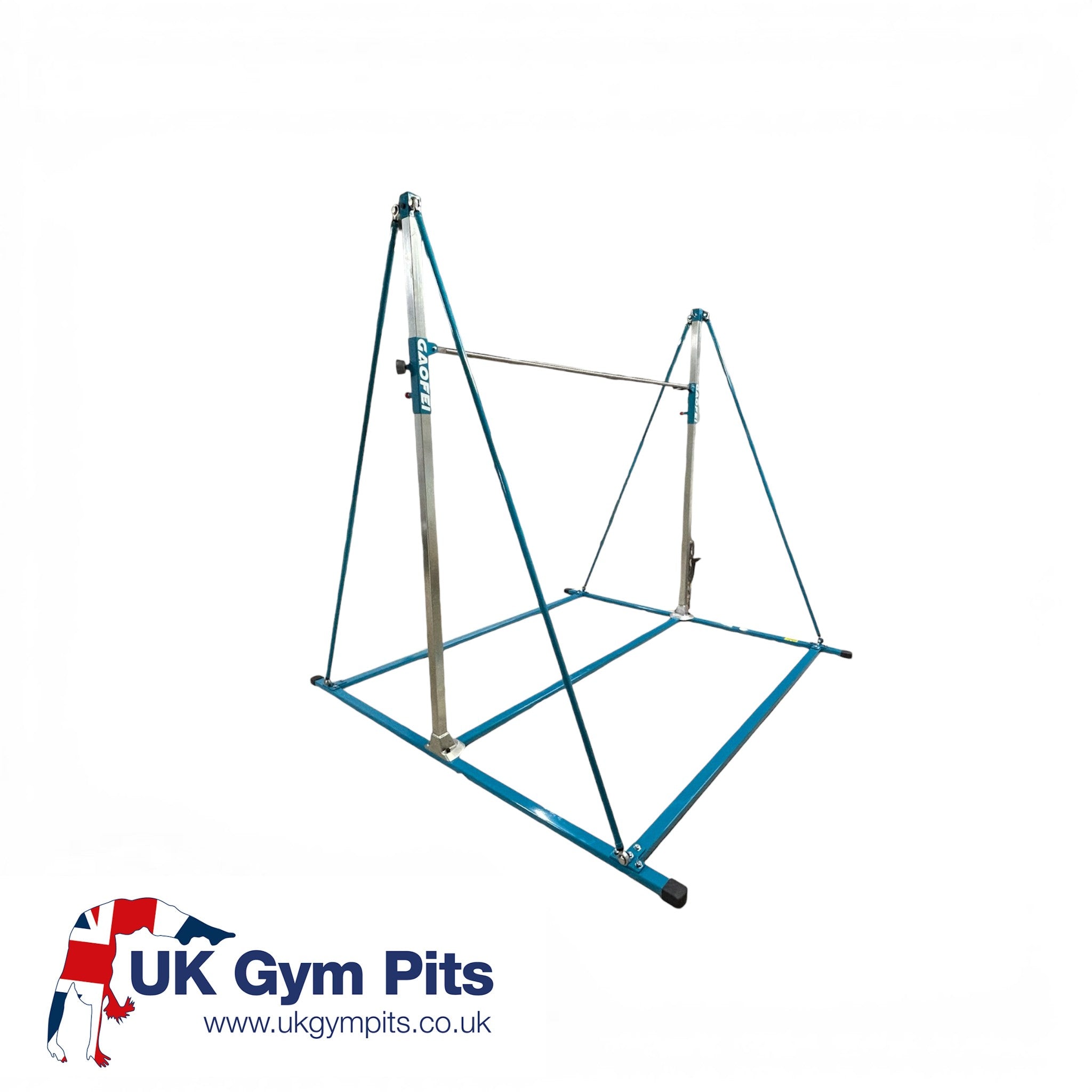UK Gym Pits Gaofei freestanding gymnastics high bar with blue steel frame and adjustable metal handrail for junior training