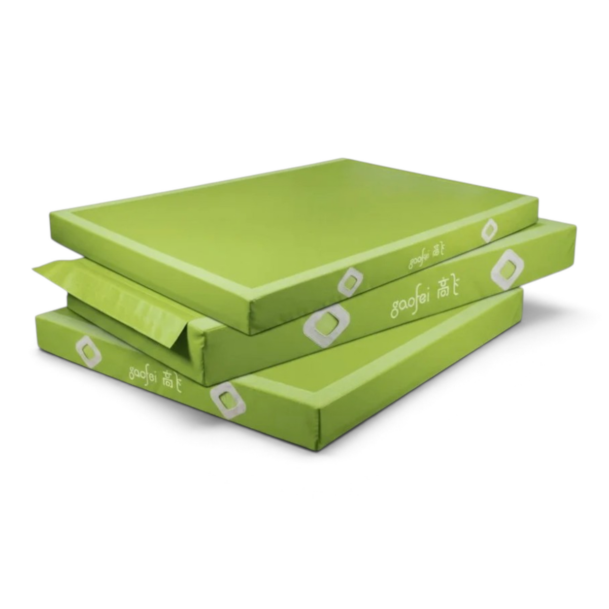 UK Gym Pits Gaofei FIG approved green gymnastics beam landing mats stacked for storage