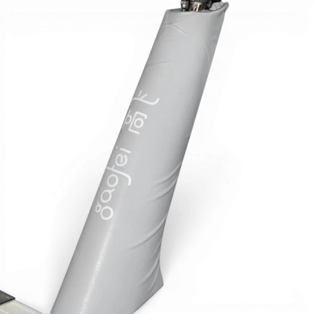 UK Gym Pits Gaofei grey PVC vinyl safety padding wrapped around a gymnastics beam leg with Velcro closure
