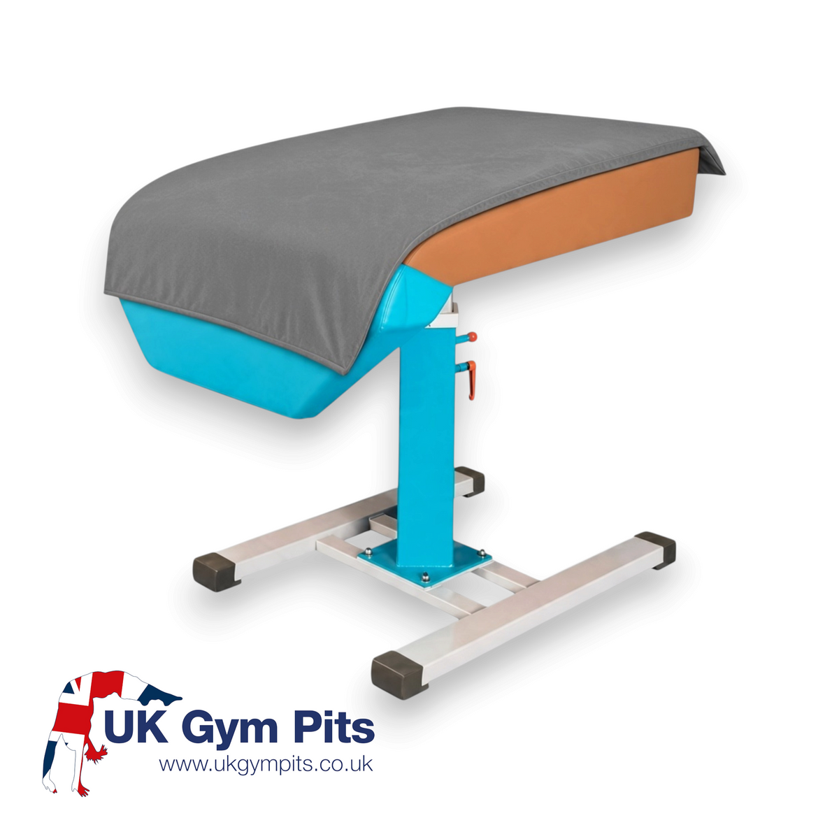 UK Gym Pits Gaofei vault round off mat in grey jersey fabric draped over a gymnastics vaulting horse