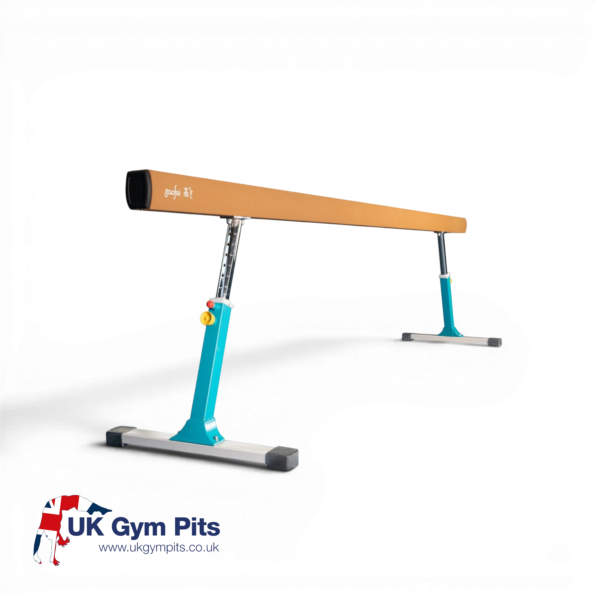 UK Gym Pits Gaofei FIG approved gymnastics balance beam with tan PU leather surface and adjustable blue steel frame.
