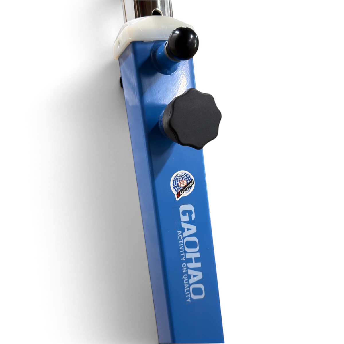 UK Gym Pits Gaofei FIG approved gymnastics beam leg with blue powder coated steel and height adjustment handwheel