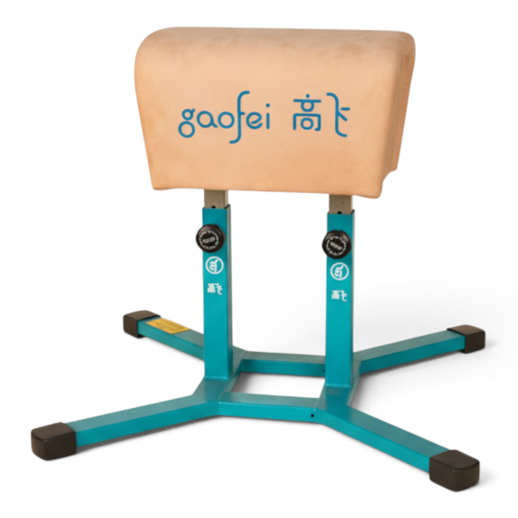 UK Gym Pits Gaofei height adjustable gymnastics buck horse with a tan leatherette body and teal steel frame.