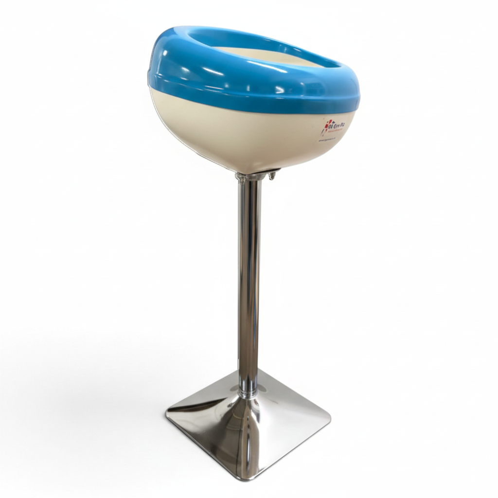 UK Gym Pits Gaofei gymnastics chalk bowl with a blue and white semi-circular basin on a sturdy chrome pedestal stand.