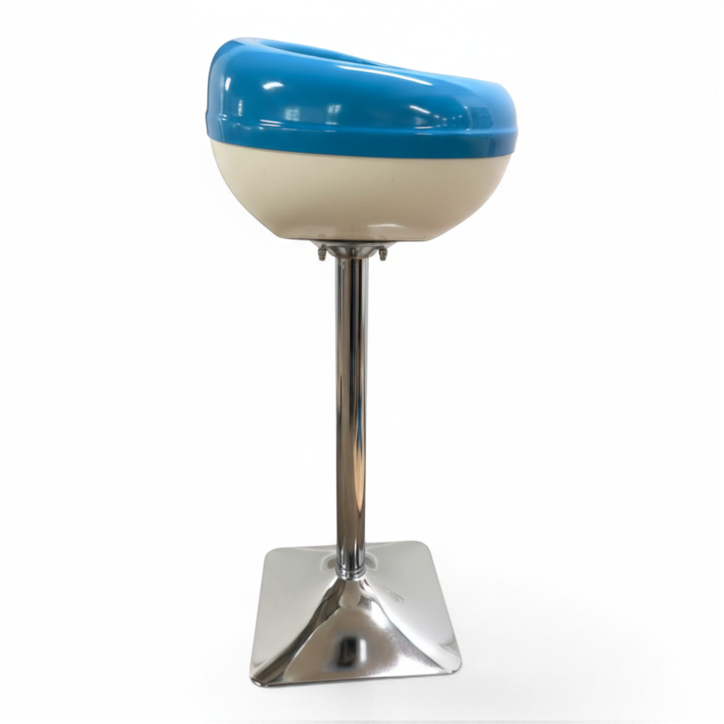 UK Gym Pits Gaofei gymnastics chalk bowl with a blue semi-circular top and sturdy chrome pedestal base.