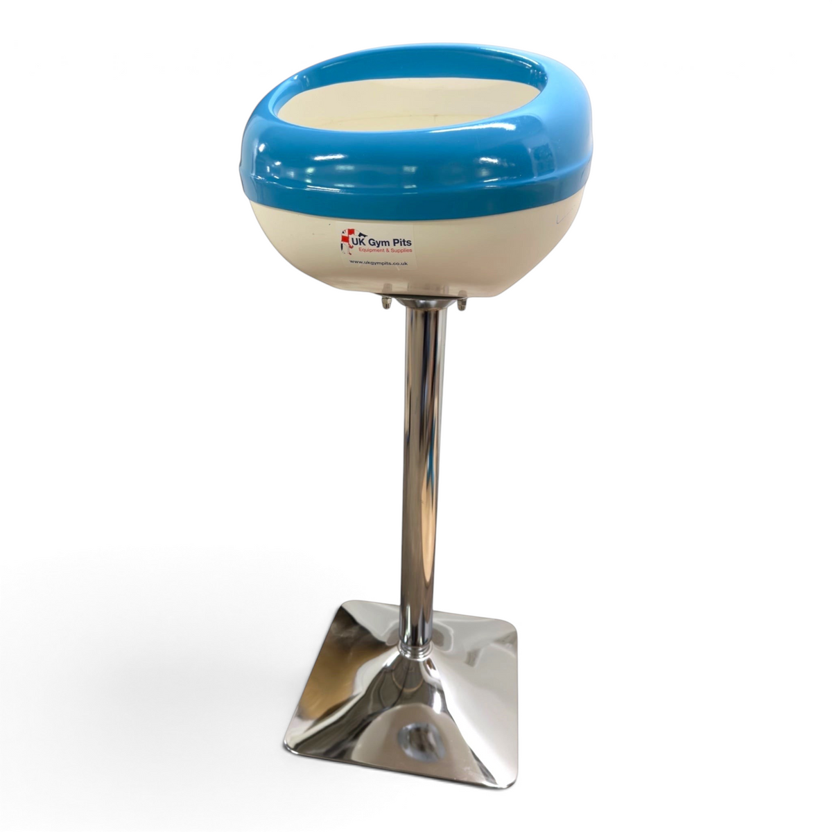 UK Gym Pits Gaofei gymnastics chalk bowl with a blue and white semi-circular basin on a sturdy chrome pedestal stand.
