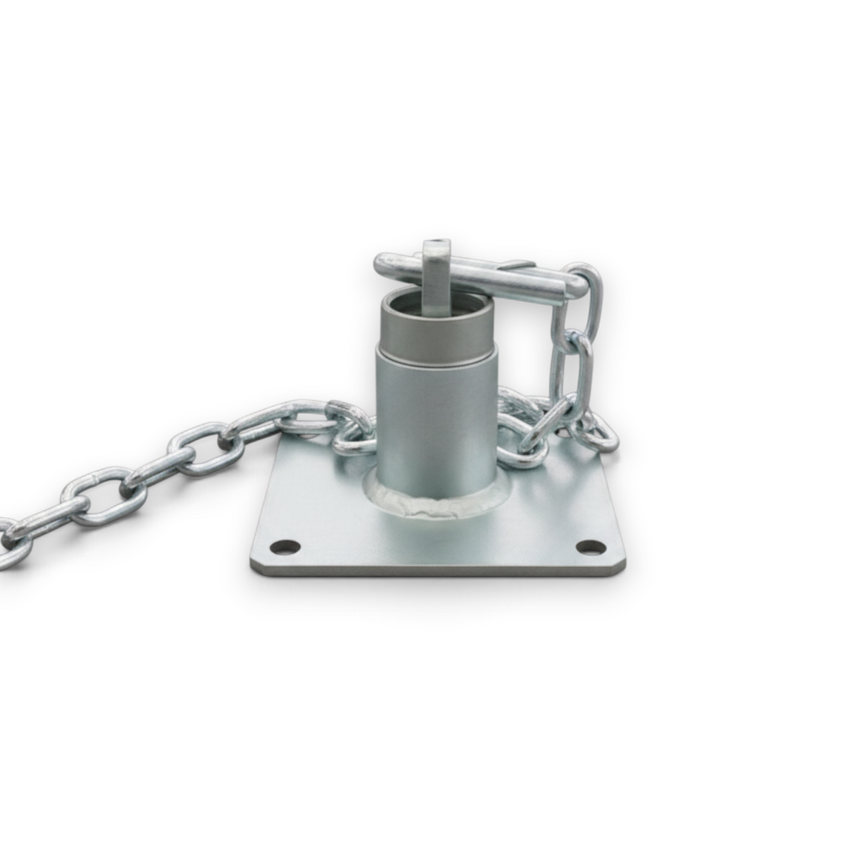 UK Gym Pits Gaofei gymnastics floor anchor with a square base plate, adjustable central spine, and steel chain.