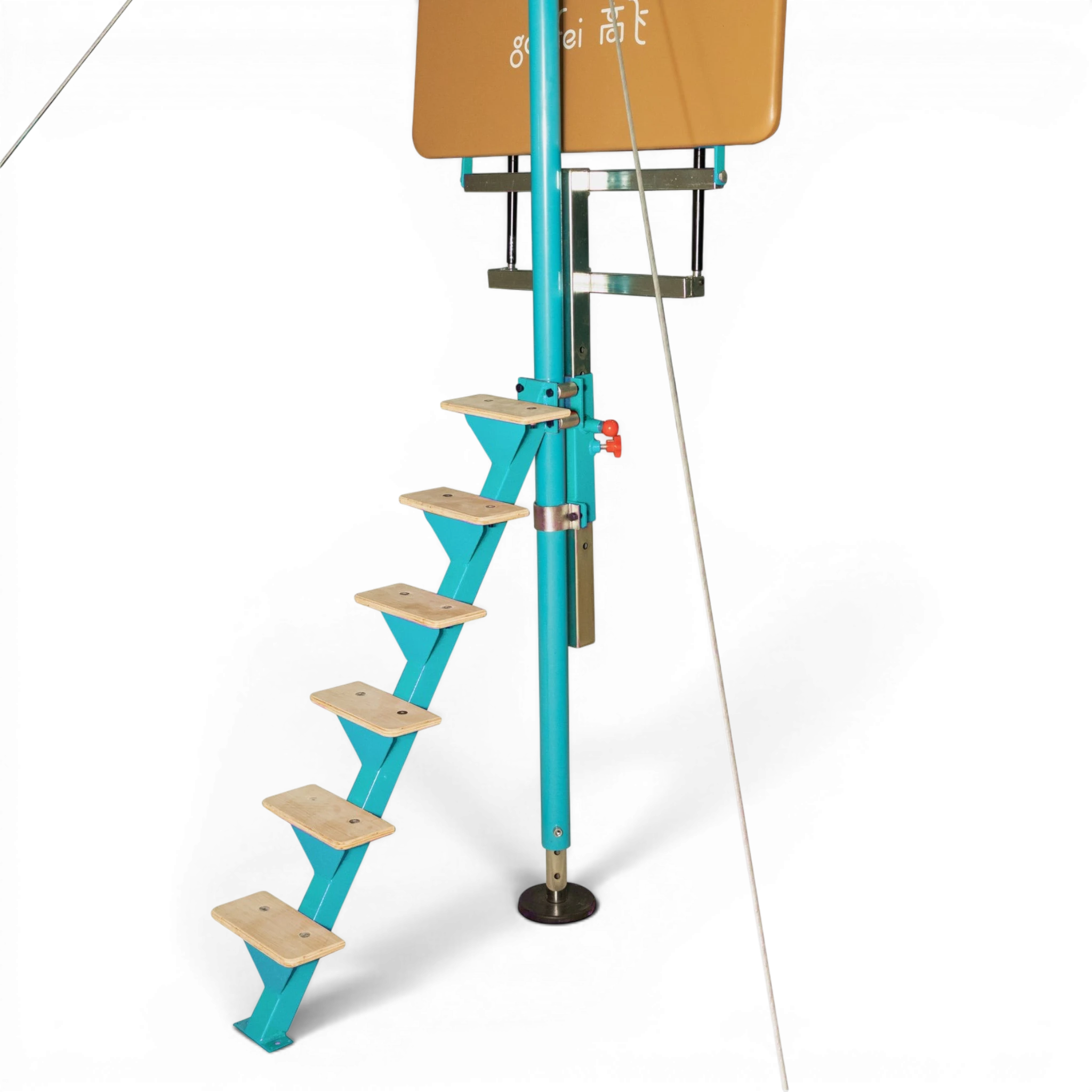 UK Gym Pits Gaofei gymnastics high bar spotting platform with blue steel frame and wooden steps on black background