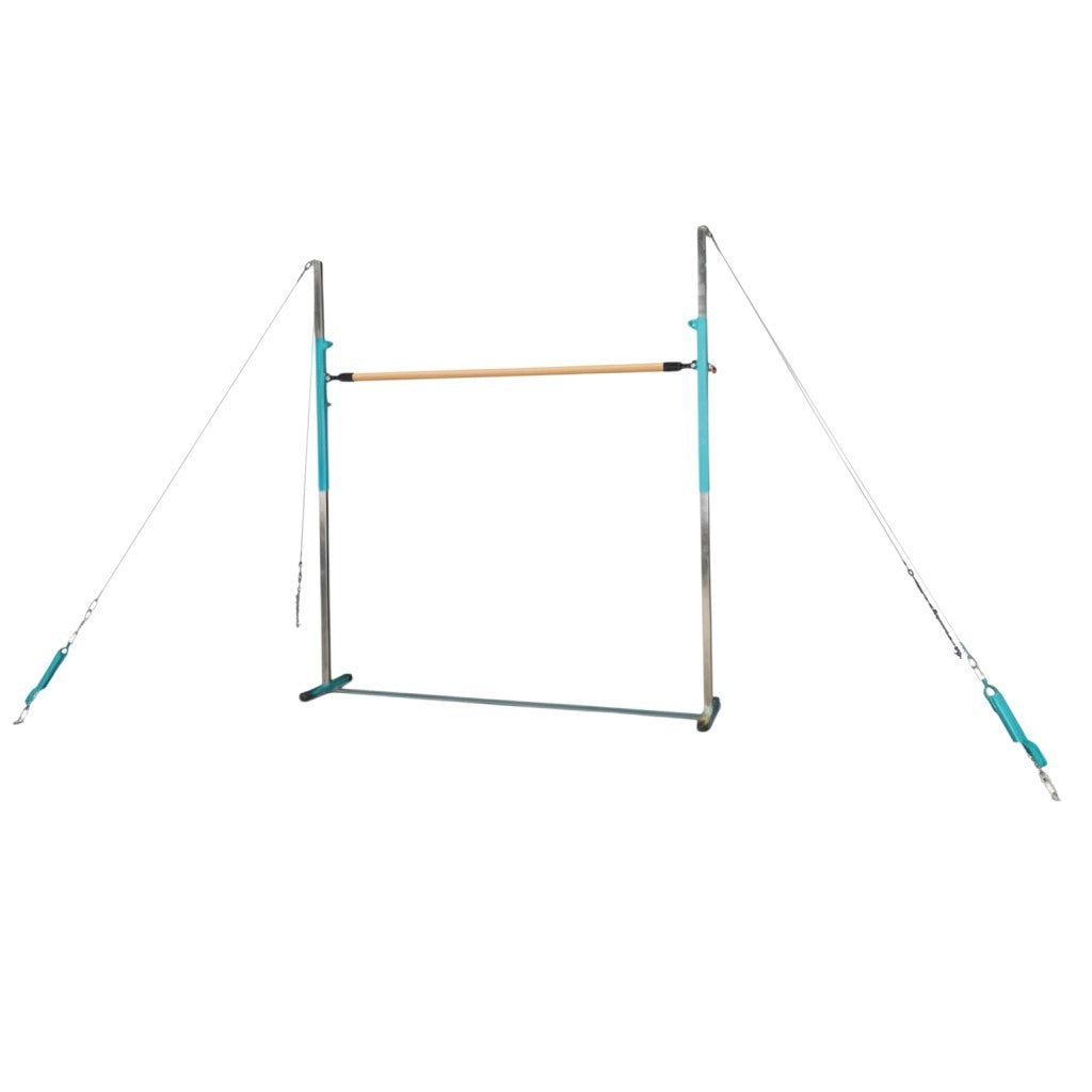 UK Gym Pits Gaofei quick release high bar with wooden handrail, adjustable steel frame, and tension cabling system.