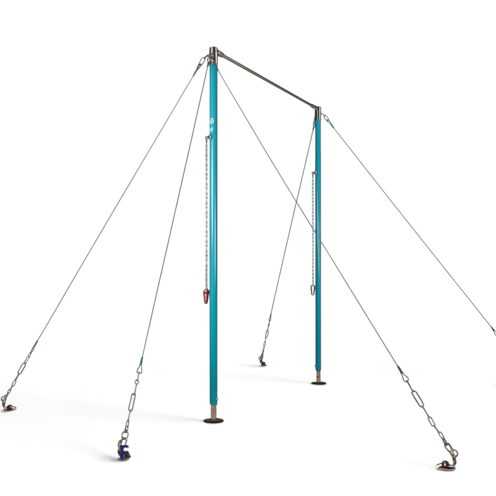 UK Gym Pits Gaofei gymnastics training high bar with blue steel frame, stainless steel rail, and cable tension system.