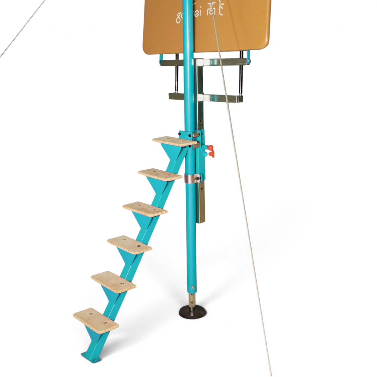 UK Gym Pits Gaofei gymnastics training high bar with blue steel frame, wooden steps, and adjustable cable system.