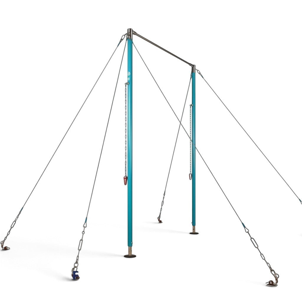 UK Gym Pits Gaofei high bar gymnastics training station with blue uprights and stainless steel handrail
