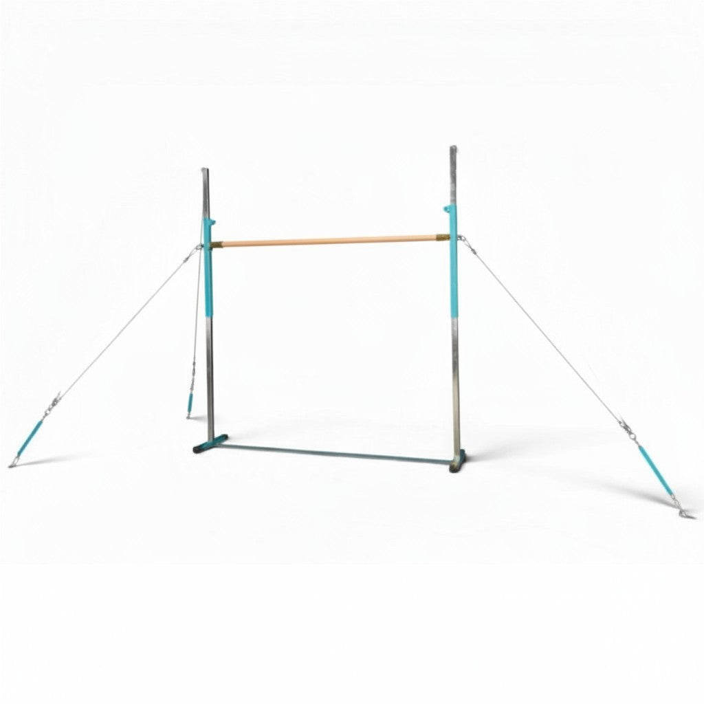 UK Gym Pits Gaofei quick release gymnastics high bar with wooden handrail, adjustable steel frame, and tension cables.