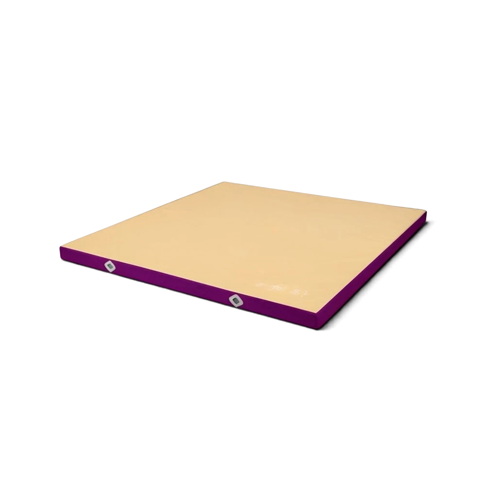 UK Gym Pits FIG approved soft topper landing mat with a beige jersey top and purple PVC sides with air mesh vents.
