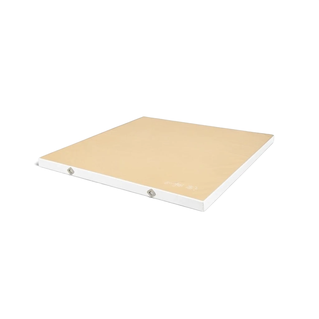 UK Gym Pits Gaofei FIG approved soft topper landing mat with a beige jersey fabric top and white PVC vinyl sides.