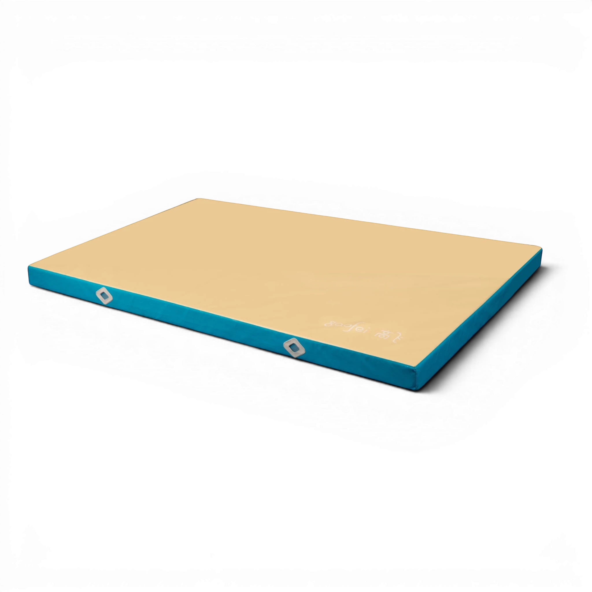 UK Gym Pits Gaofei FIG approved gymnastics landing mat with a beige top and blue sides on a black background