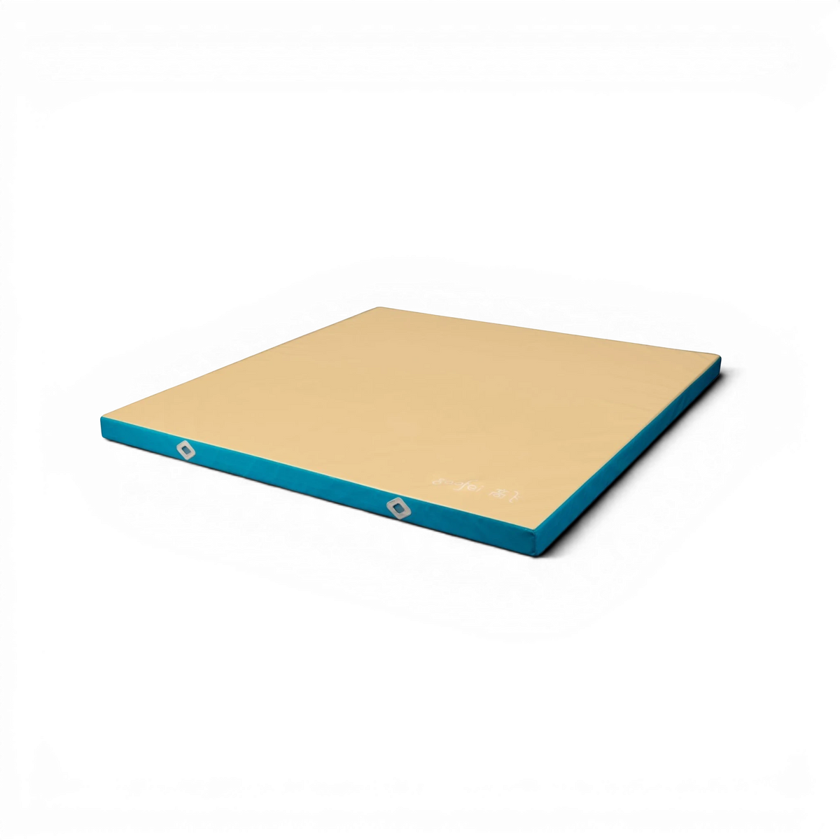UK Gym Pits FIG approved Gaofei gymnastics landing mat with a beige top and blue sides on a black background.