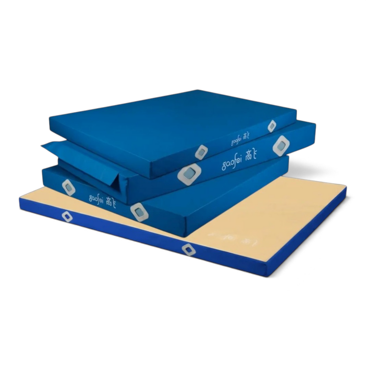 UK Gym Pits Gaofei blue and beige FIG approved gymnastics beam landing mats with durable PVC vinyl and air mesh vents.