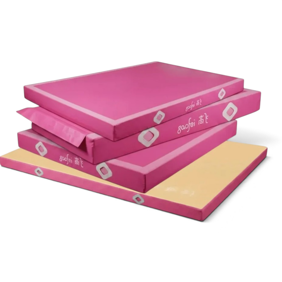 UK Gym Pits Gaofei FIG approved pink gymnastics beam landing mats stacked for training and competition use