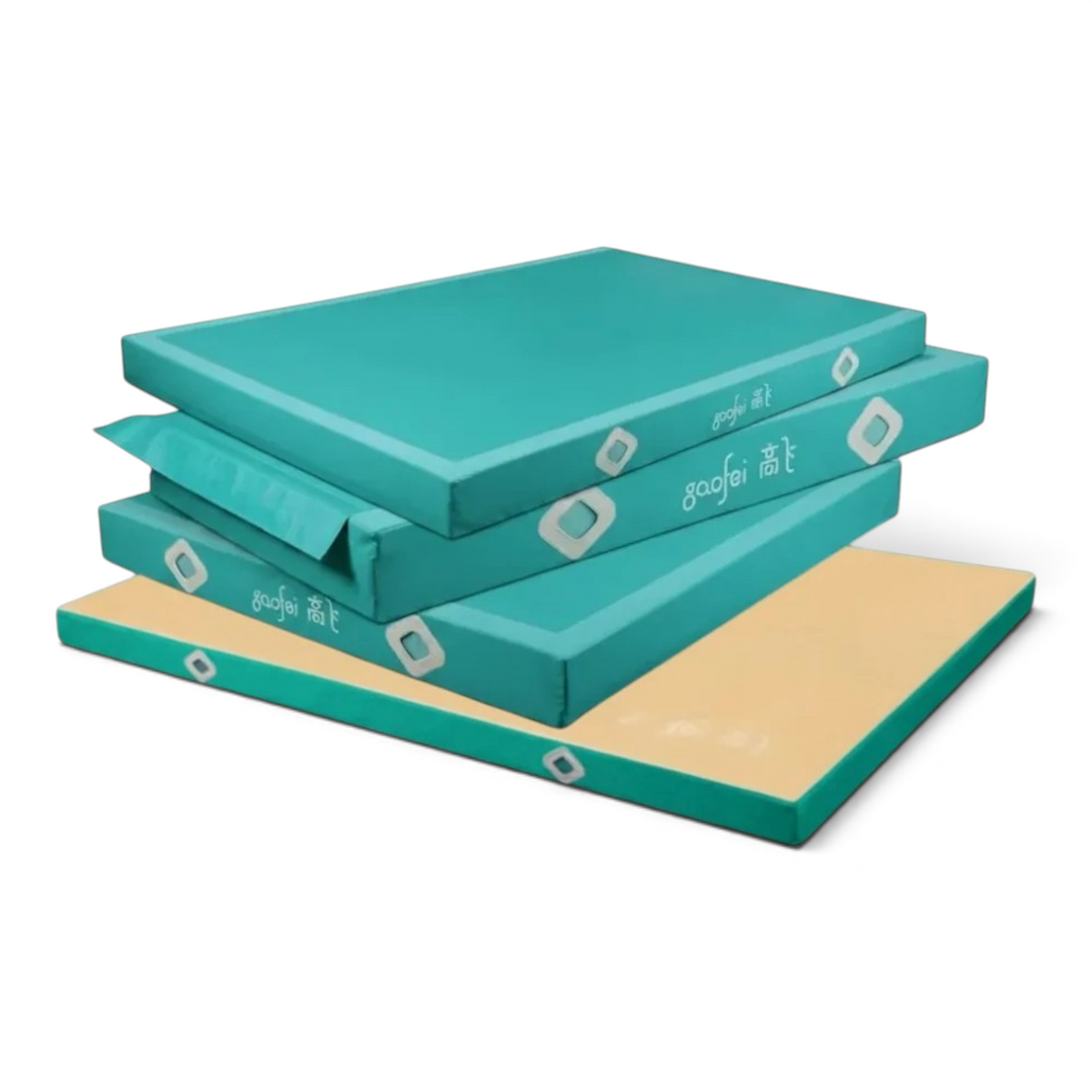 UK Gym Pits Gaofei FIG approved gymnastics beam landing mats in teal with air distribution mesh windows
