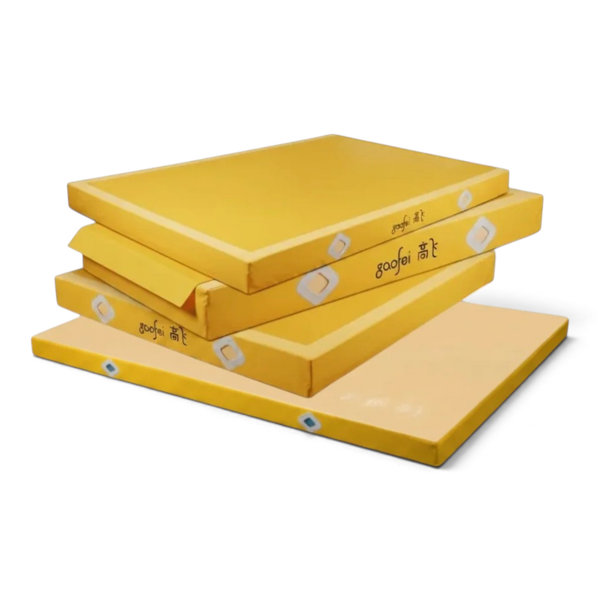 UK Gym Pits Gaofei yellow FIG approved gymnastics beam landing mats stacked for storage.
