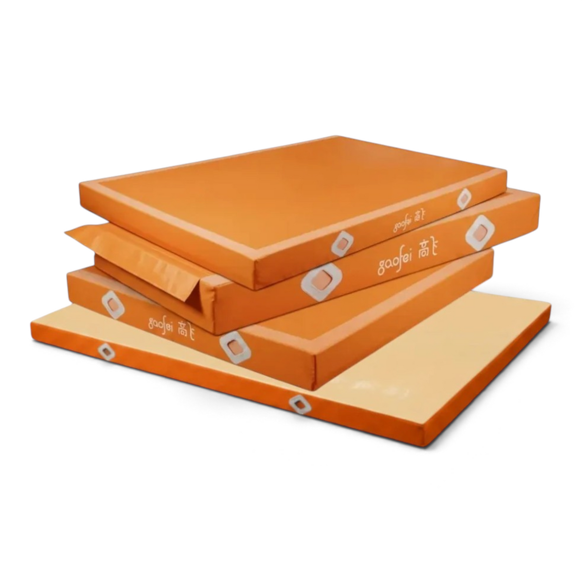 UK Gym Pits Gaofei orange FIG approved gymnastics landing mats with reinforced corners and Velcro locking system