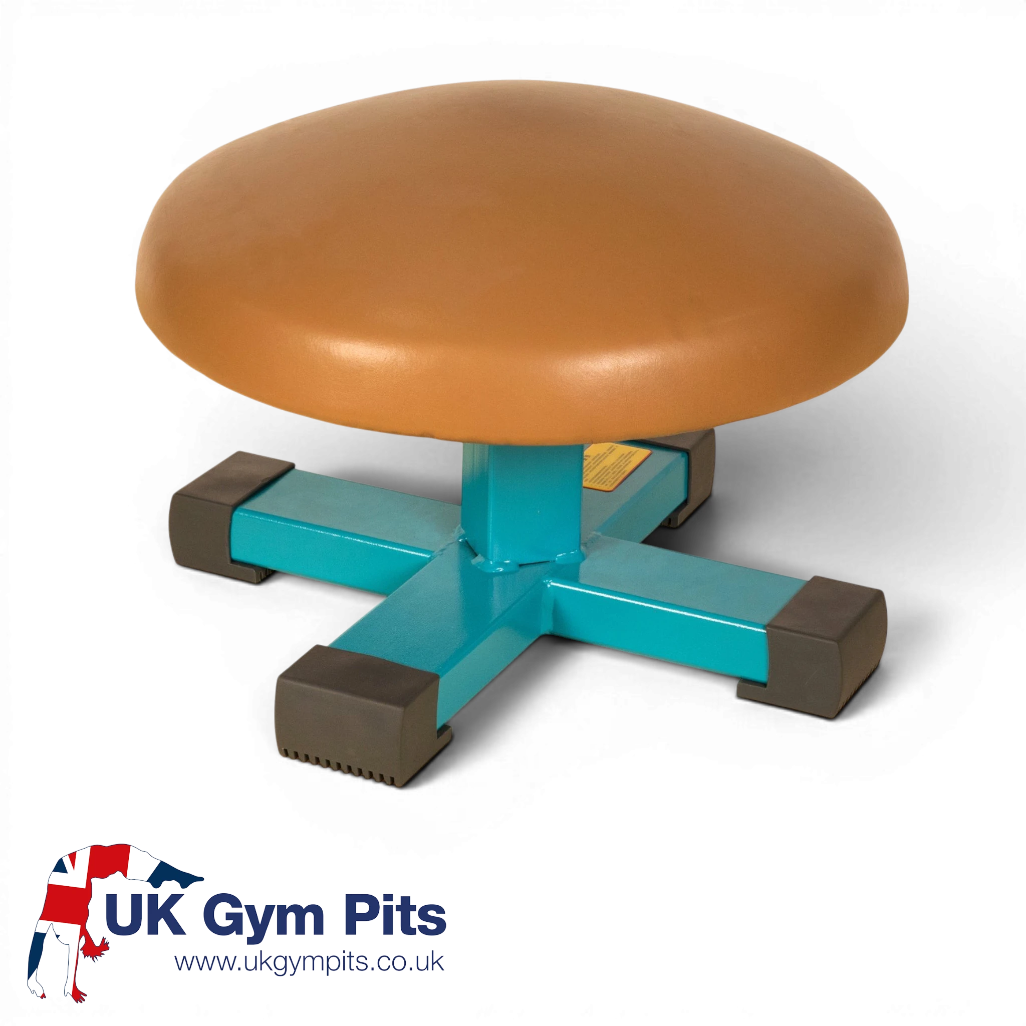 UK Gym Pits Gaofei gymnastics training mushroom with a tan leatherette top and teal steel base on a black background.