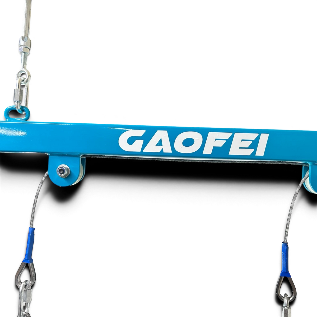 UK Gym Pits Gaofei wall mountable gymnastics training rings with blue powder coated steel frame and cabling system