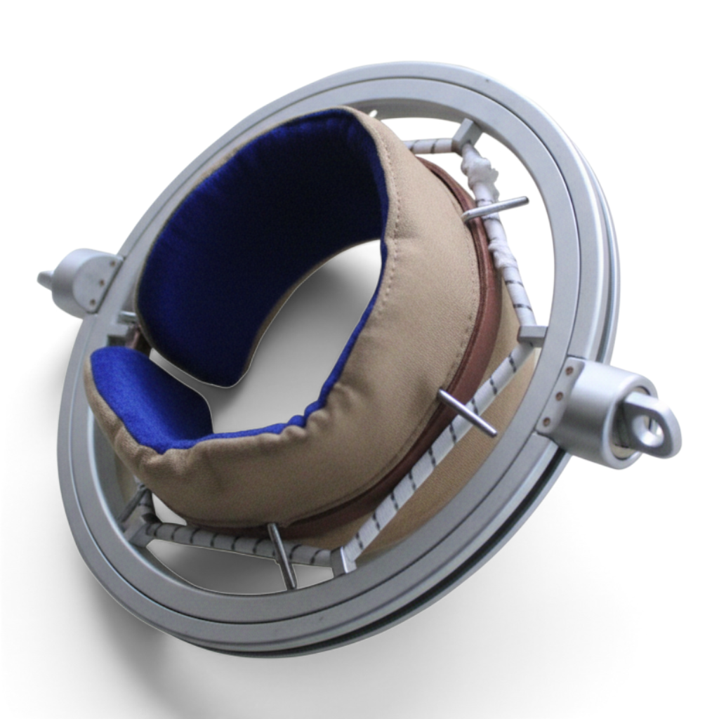 UK Gym Pits Gaofei gymnastics spotting belt with blue and beige padded interior and aluminium frame