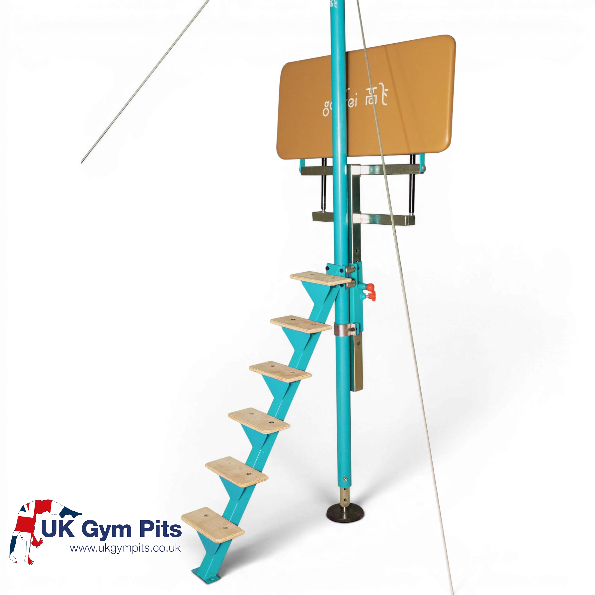 UK Gym Pits Gaofei high bar spotting platform with a blue steel frame, ladder, and padded platform for gymnastics.