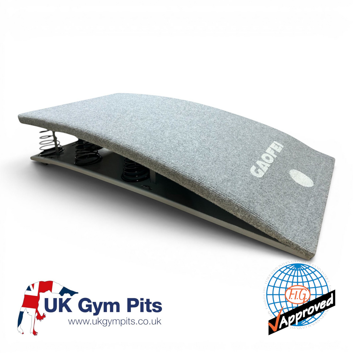 UK Gym Pits FIG approved Gaofei gymnastics springboard with grey carpeted surface and tapered steel springs