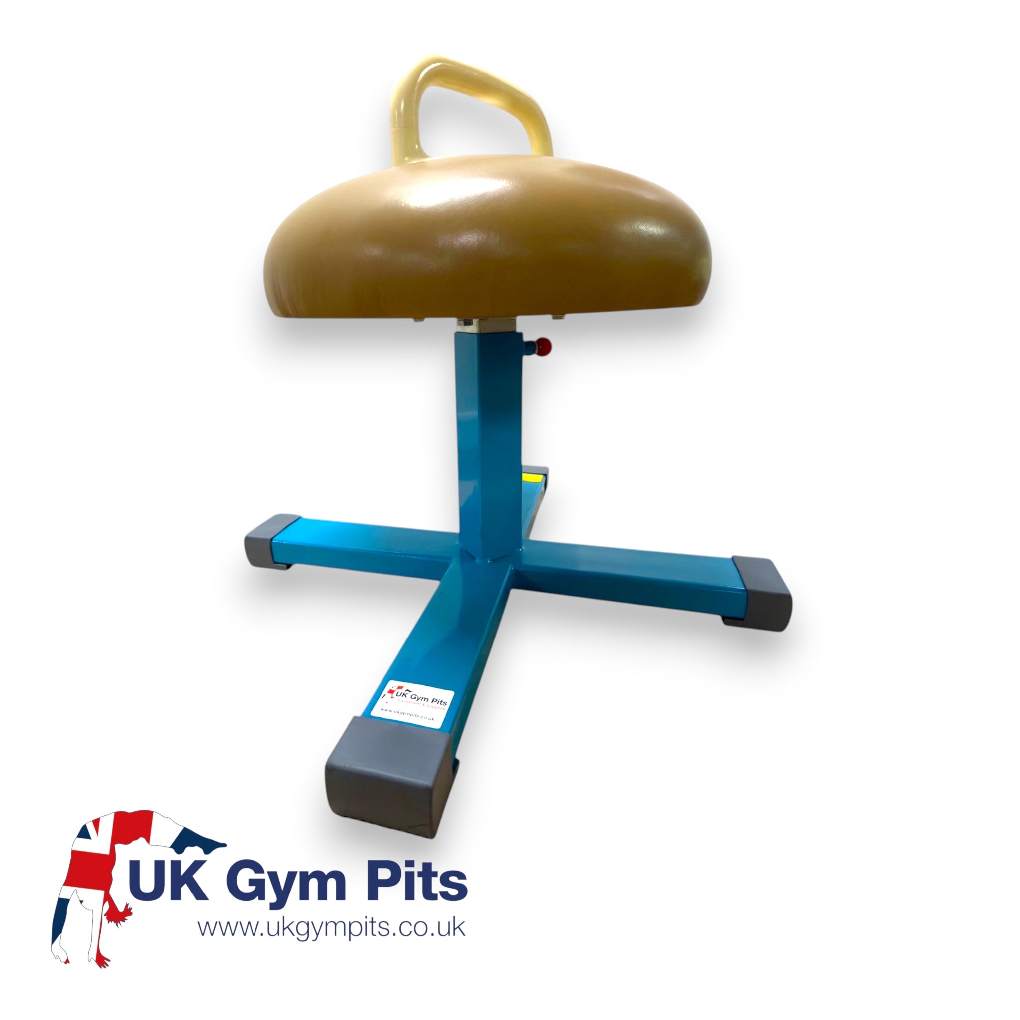UK Gym Pits Gaofei gymnastics training mushroom with one pommel, tan leatherette body, and blue steel adjustable base.