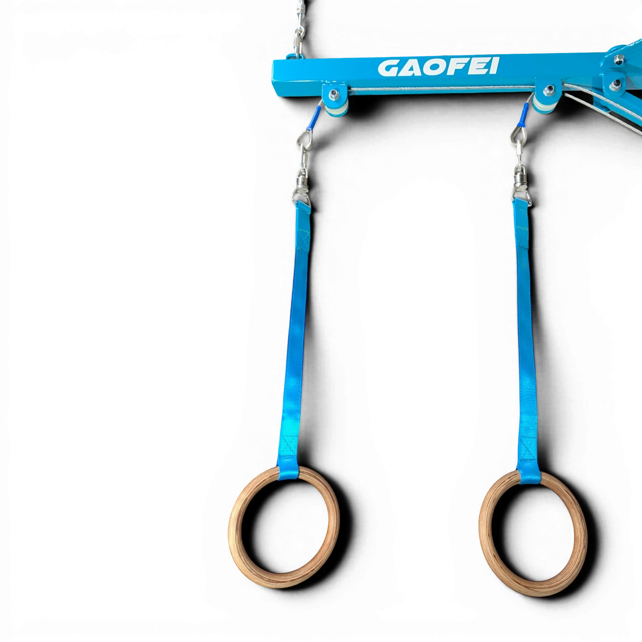 UK Gym Pits Gaofei wall mountable gymnastics training rings with blue powder coated steel frame and wooden rings