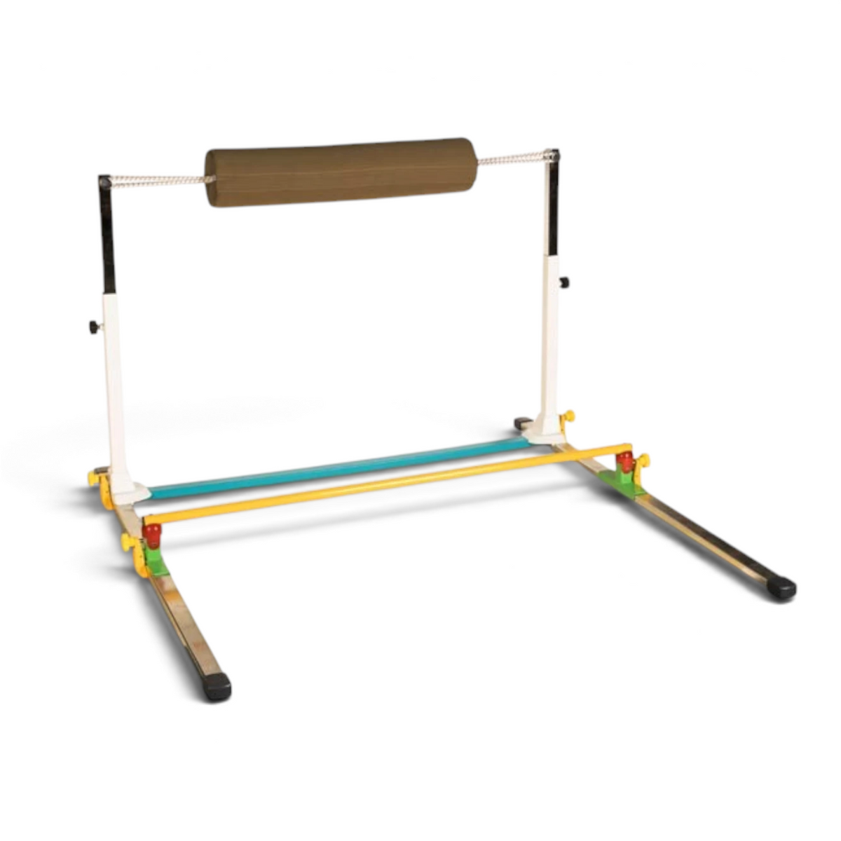 UK Gym Pits Gaofei adjustable handstand bouncer with a brown padded bar and reinforced steel frame for gymnastics.