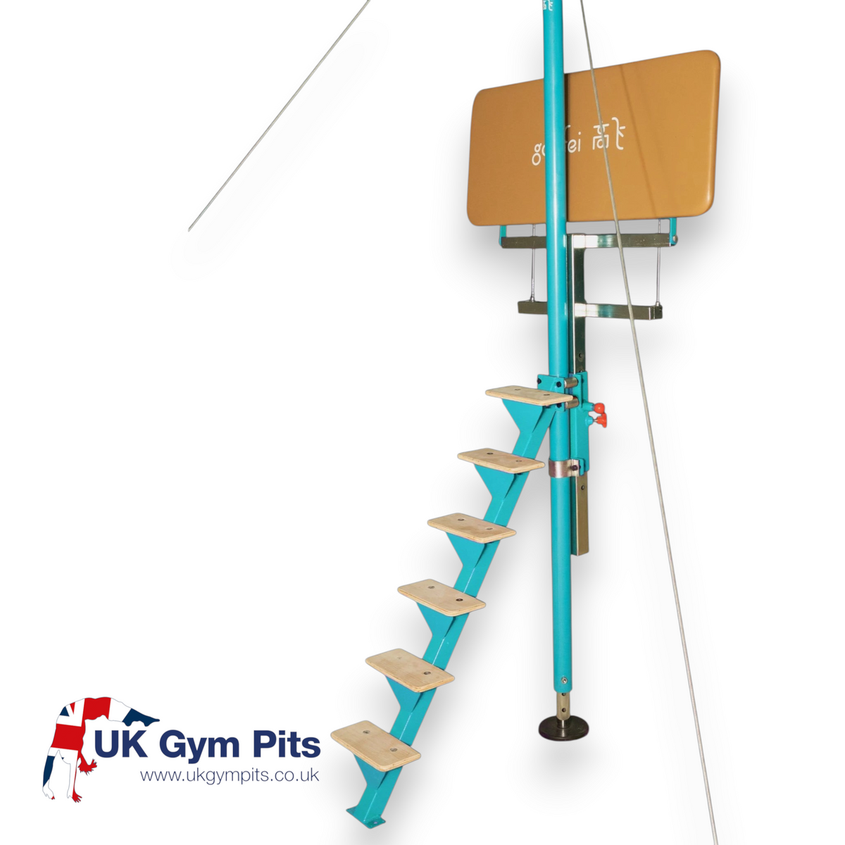 UK Gym Pits Gaofei high bar spotting platform with a teal steel frame, wooden steps, and a tan padded platform.