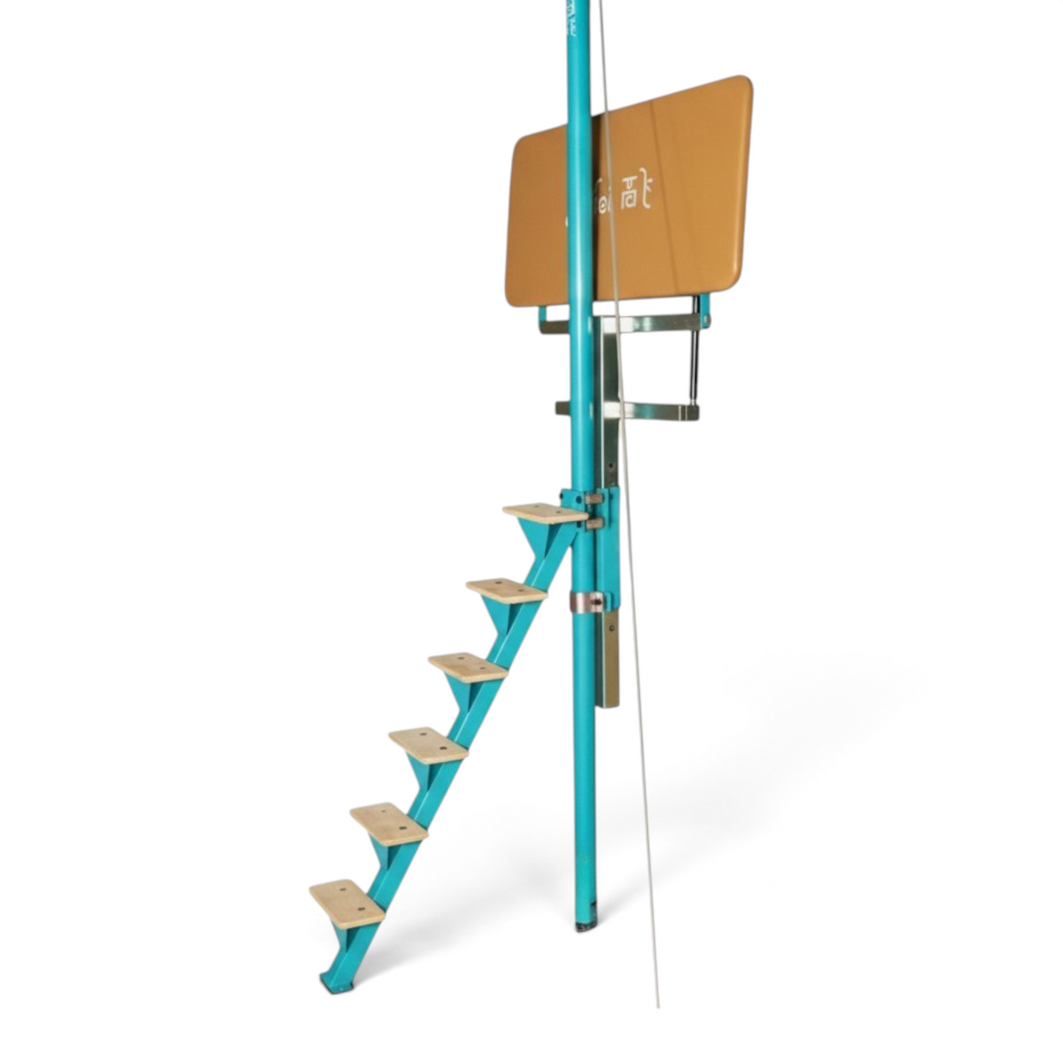 UK Gym Pits Gaofei high bar spotting platform with a teal steel frame, access ladder, and tan standing platform.