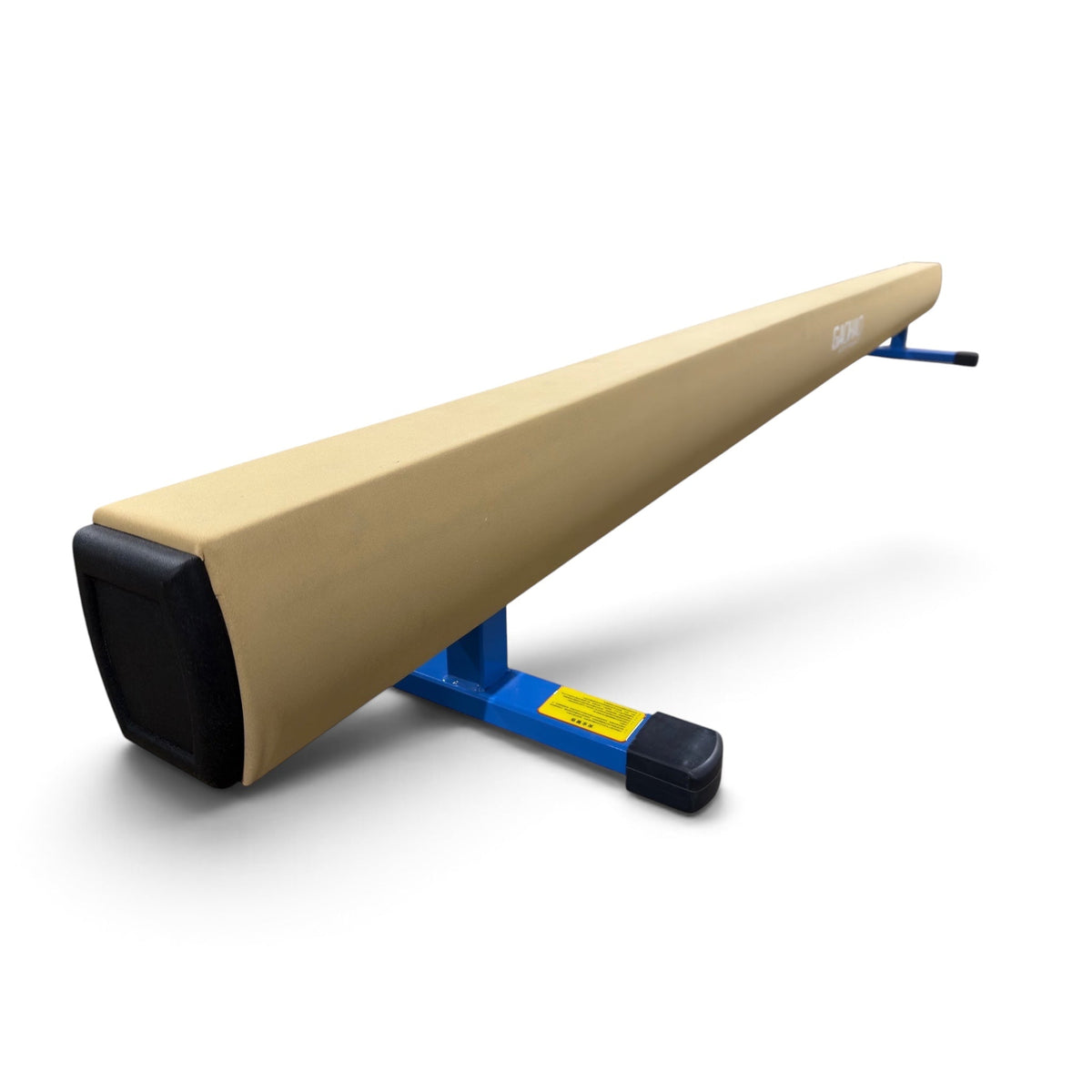 UK Gym Pits Gaofei low training gymnastics beam with tan padded PU leather surface and blue steel support frame