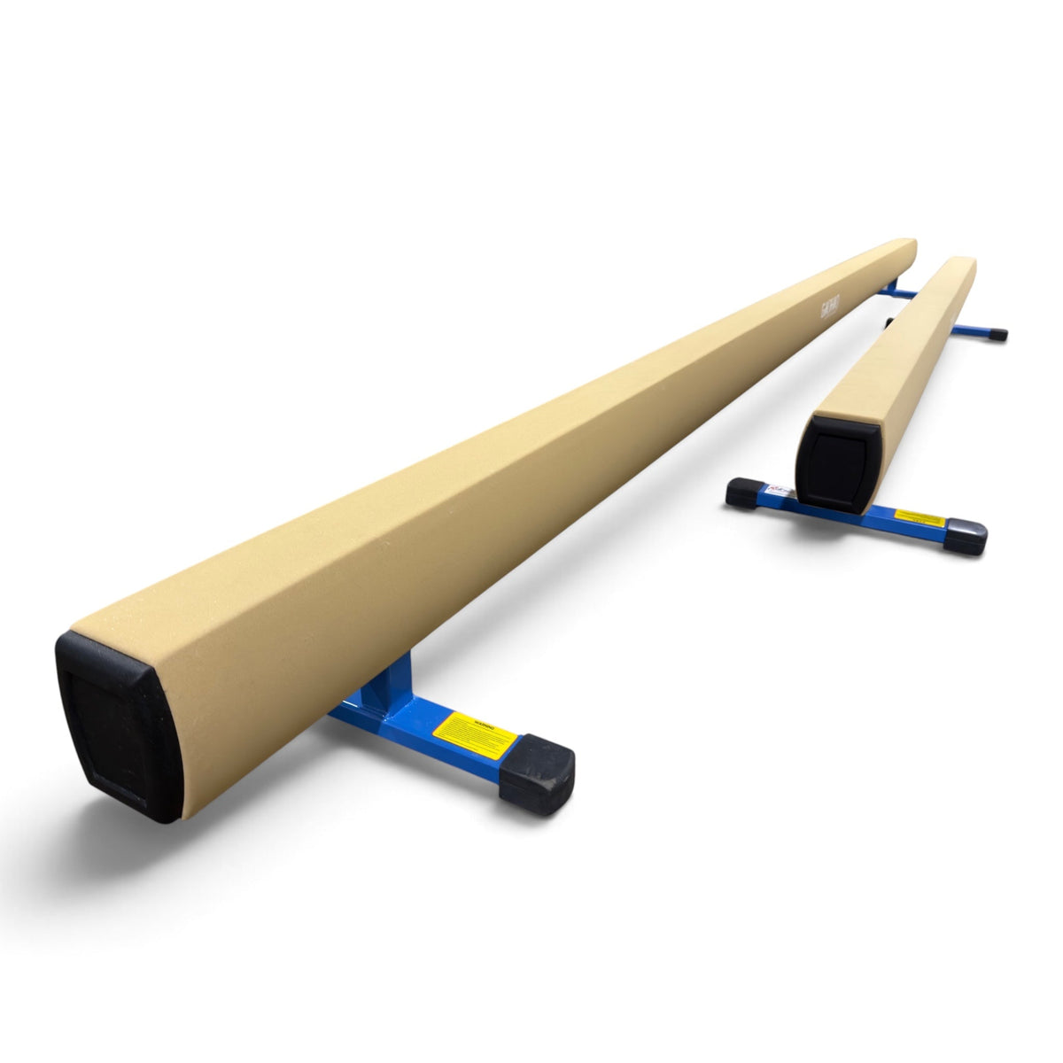 UK Gym Pits Gaofei low training balance beams with tan PU leather surface and blue reinforced steel support legs
